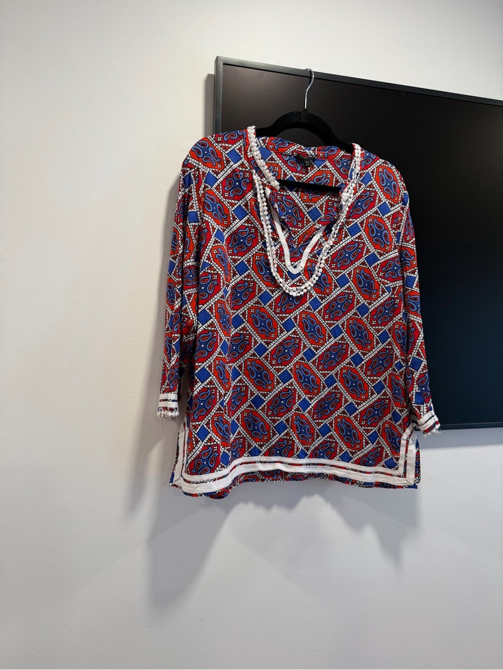 Talbots Red and Blue Geometric V-Neck Tassel Tunic